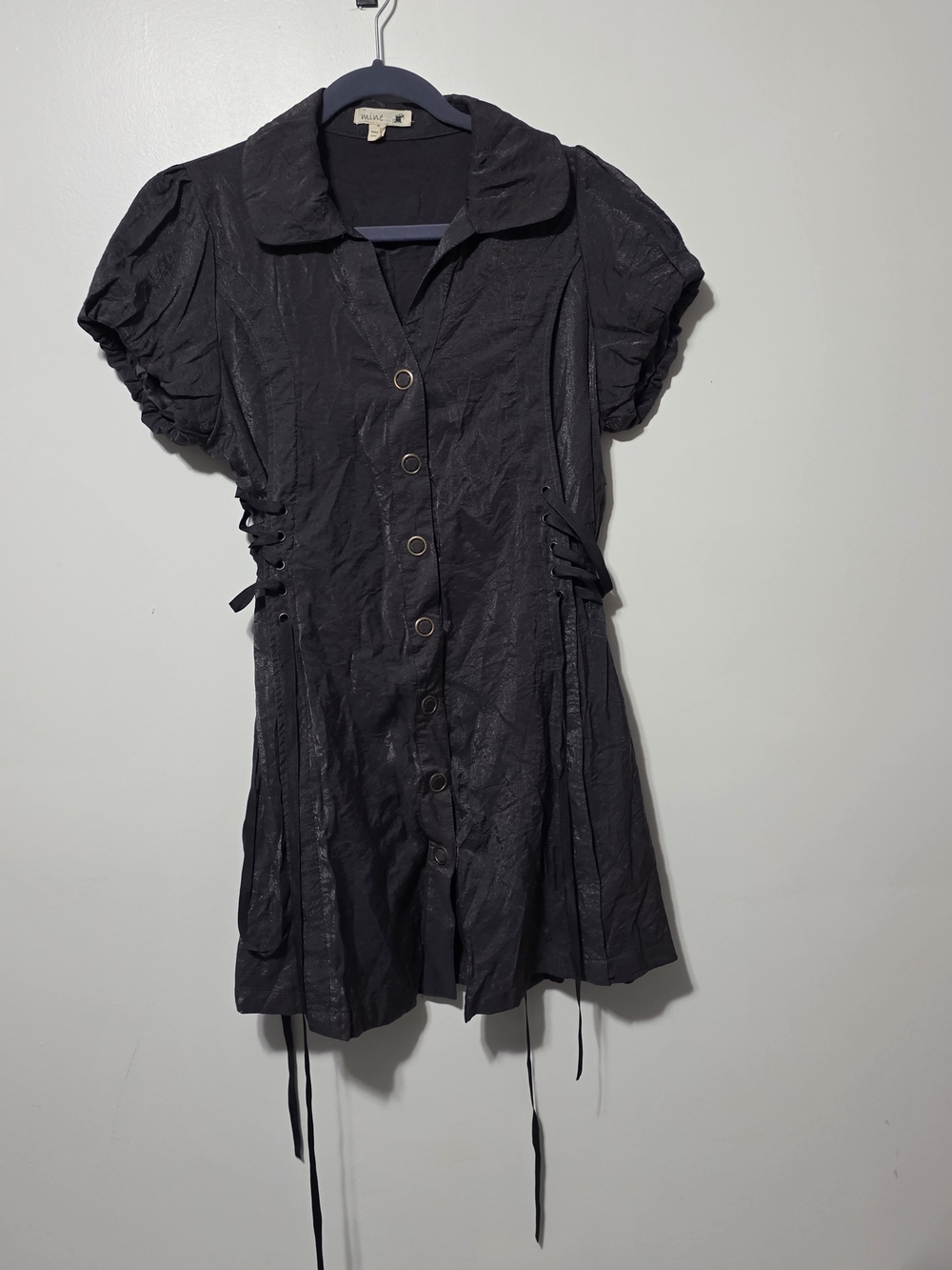 Short Sleeve Button-Front Black Dress